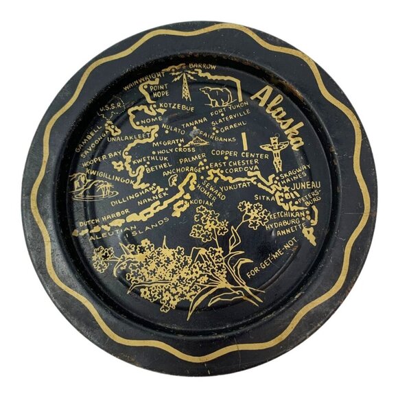 Vintage Alaska State Map Souvenir Black Gold Metal Tin Travel Coaster Ashtray 3 - Picture 1 of 7